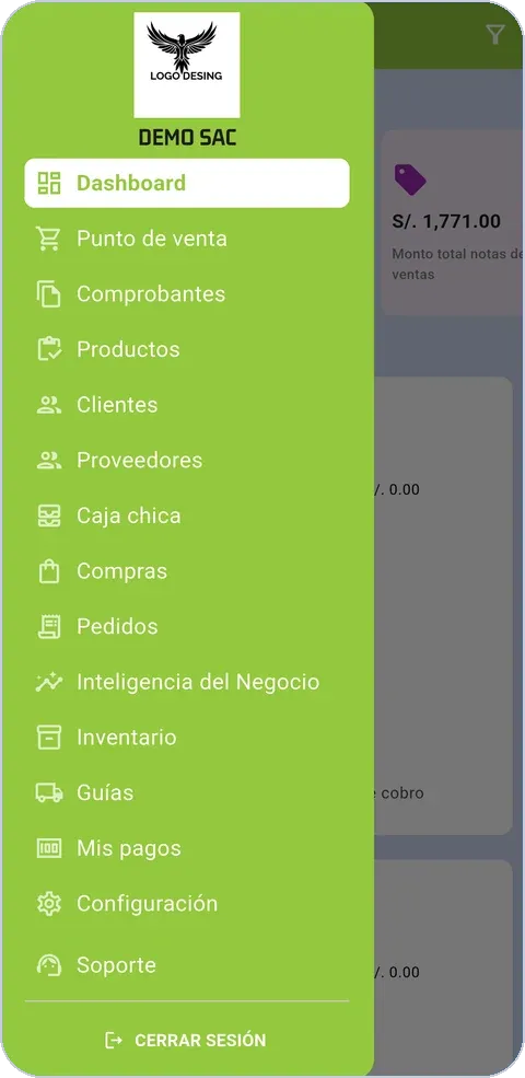 Captura de la app para negocios: menú con punto de venta, comprobantes, productos, clientes, compras e inventario
