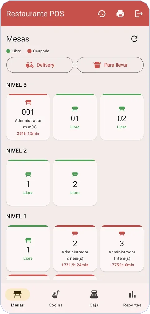 Captura de la app para restaurantes: mesas por nivel