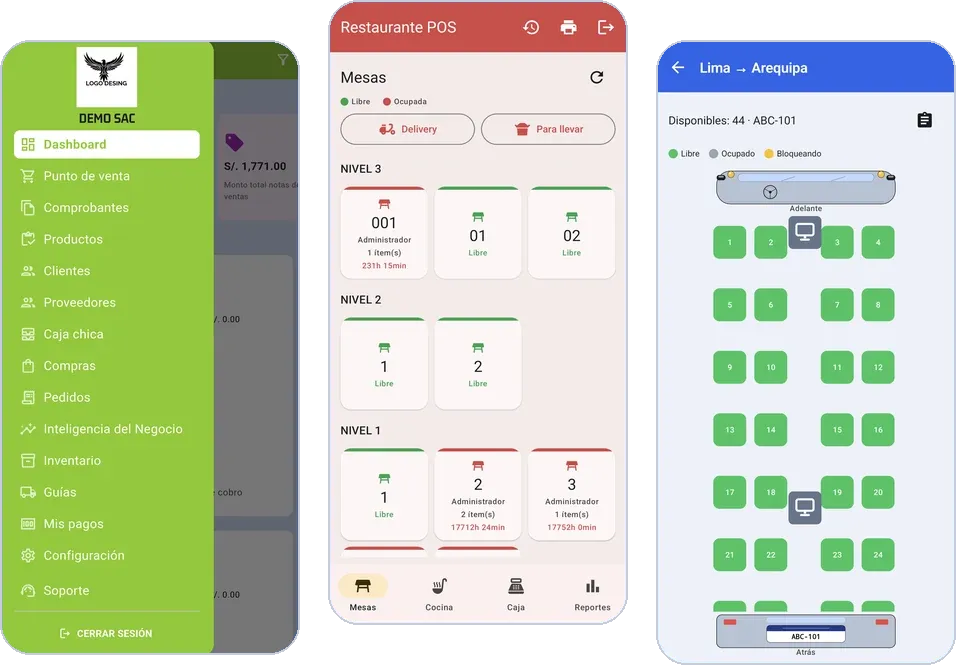 Capturas de las apps Android para negocios, restaurantes y transporte (datos de demostración)