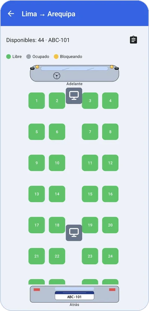 Captura de la app para transporte: mapa de asientos