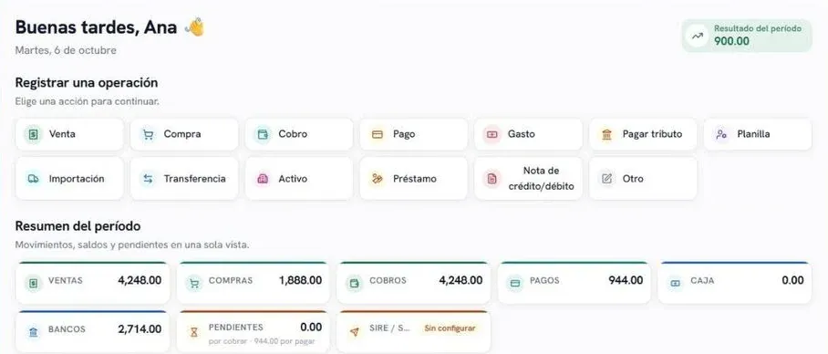 Captura del panel contable: lanzador de operaciones (venta, compra, cobro, pago, gasto, planilla y más) y resumen del período (datos de demostración)
