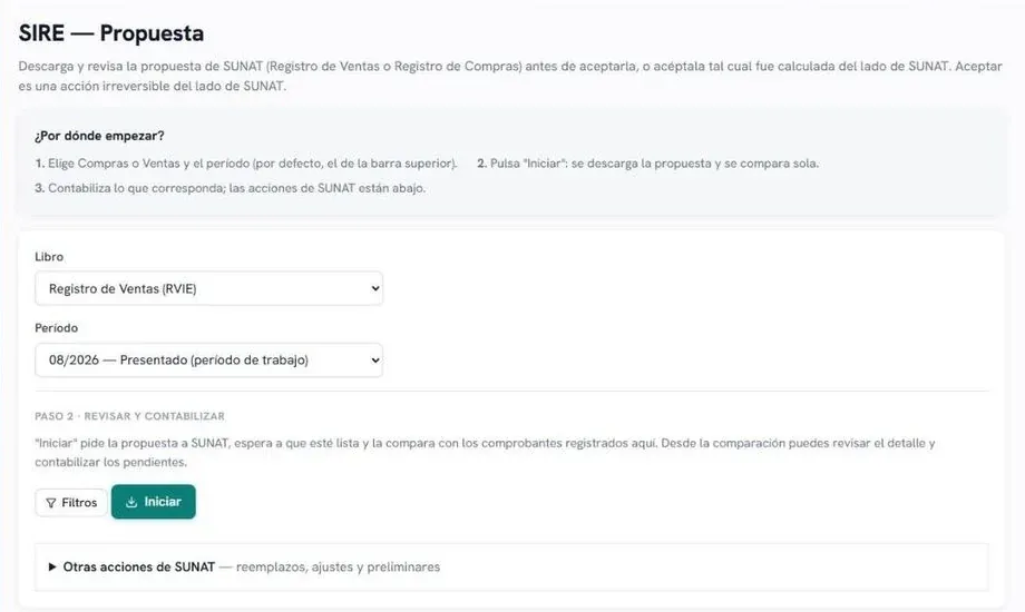 Captura de la pantalla SIRE con la selección de libro y período y el botón Iniciar (datos de demostración)