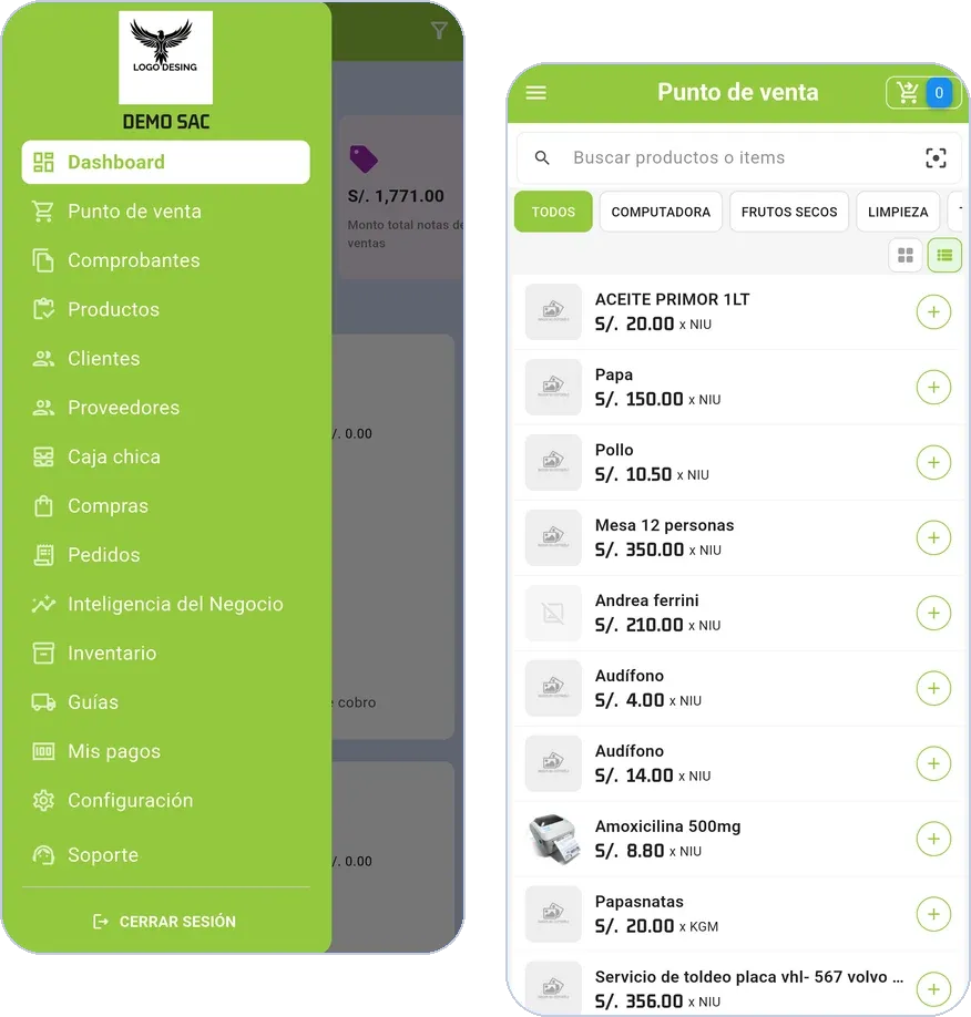 Capturas de la app para negocios: menú de módulos y punto de venta (datos de demostración)