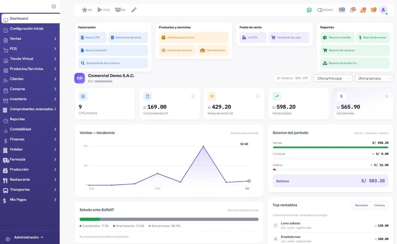Captura del panel del ERP: menú de módulos y accesos a facturación, productos, punto de venta y reportes (datos de demostración)