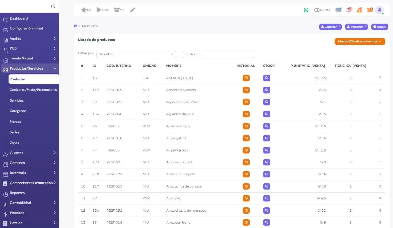 Captura del listado de productos del ERP con código, unidad, nombre, stock y precio (datos de demostración)