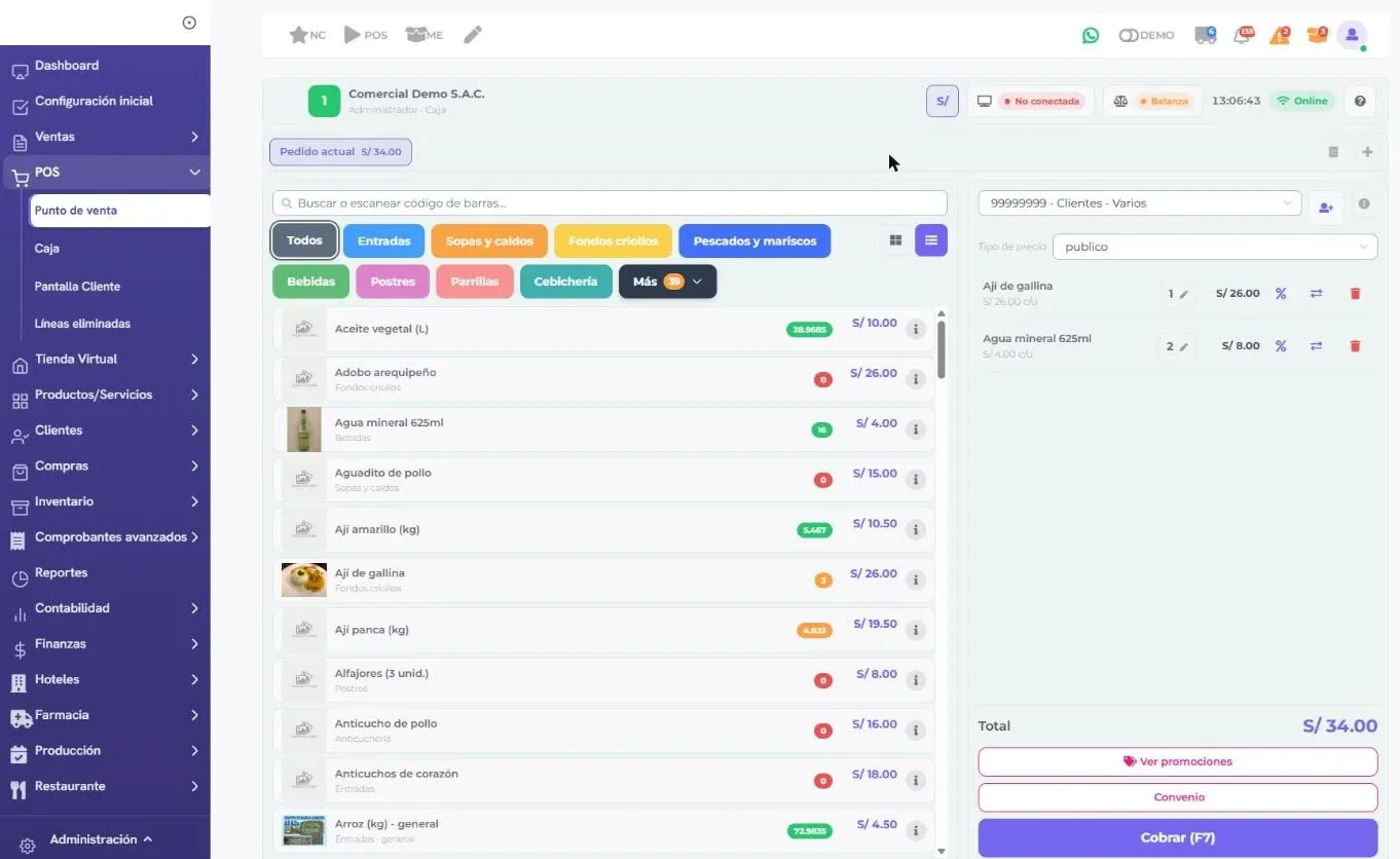 Captura del punto de venta: buscador, categorías, lista de productos con stock y precio, y panel de cobro (datos de demostración)