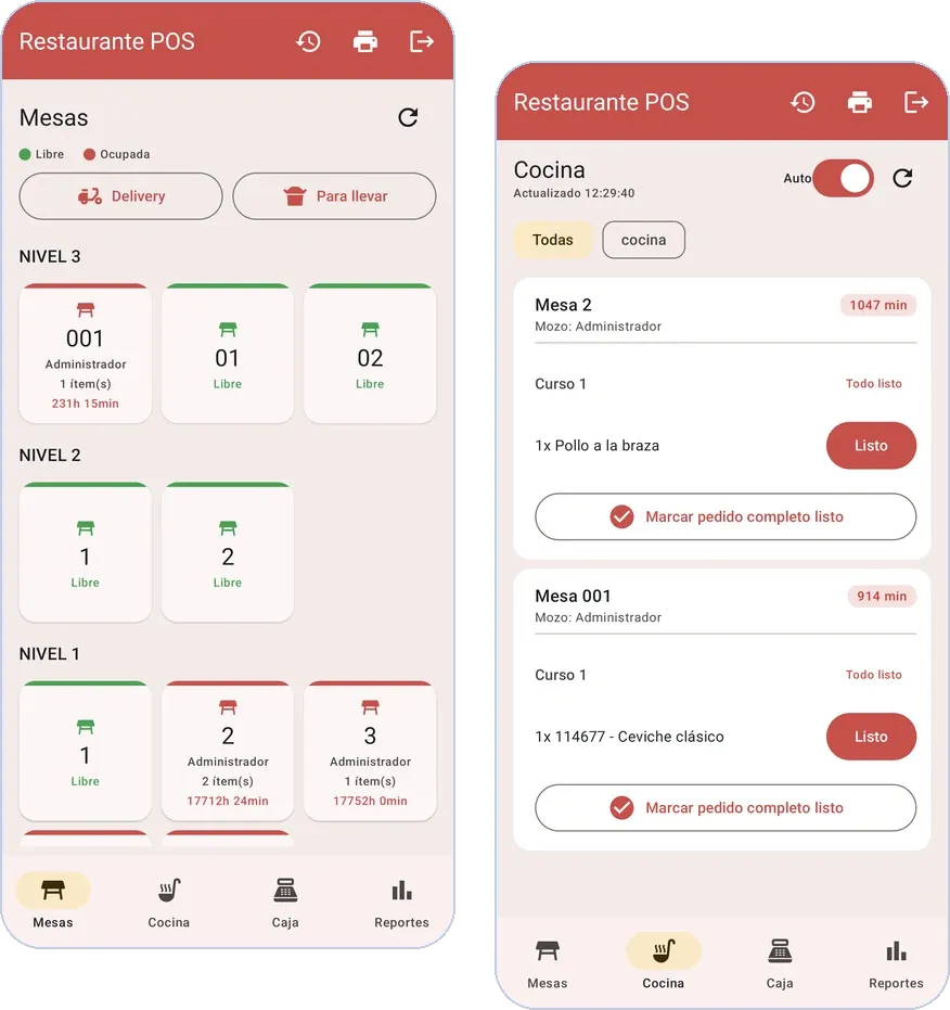 Capturas de la app para restaurantes: mesas por nivel y pantalla de cocina (datos de demostración)