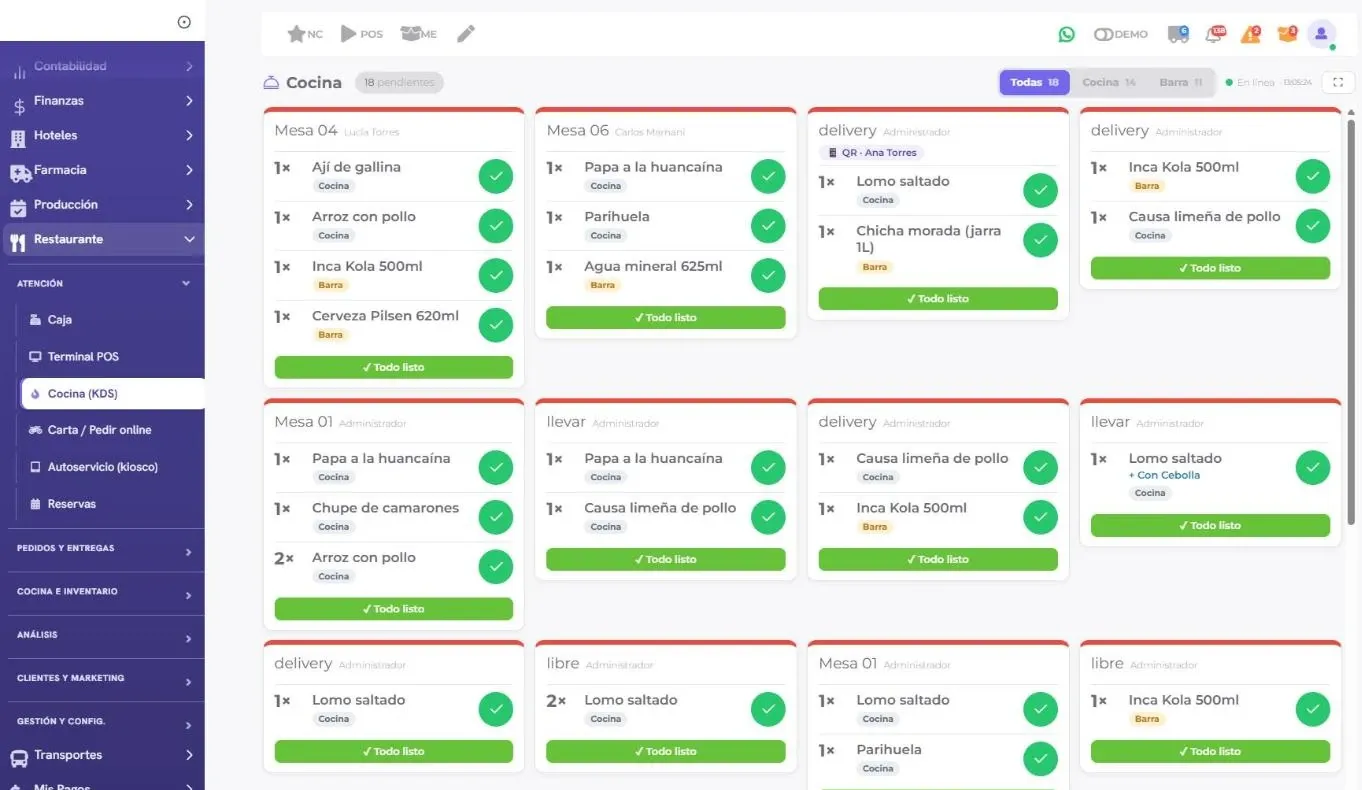 Captura de la pantalla de cocina (KDS) con pedidos por mesa, delivery y para llevar (datos de demostración)