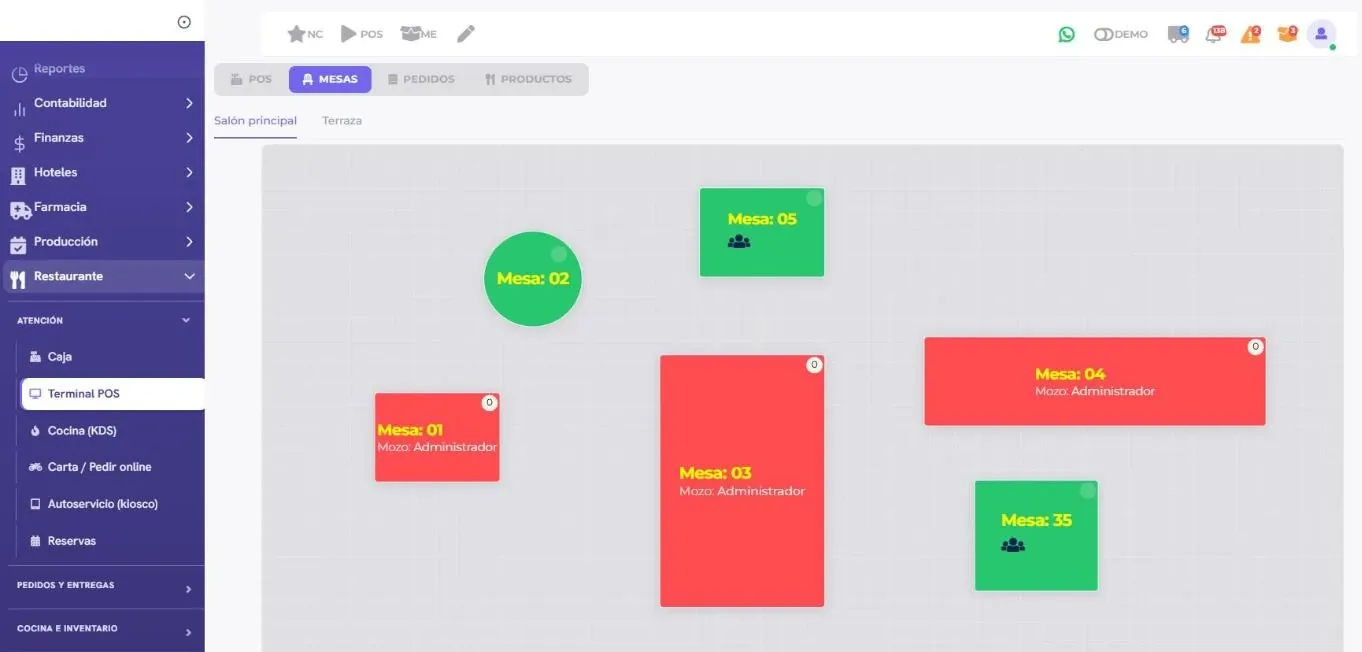 Captura del plano de mesas del salón principal con mesas libres en verde y ocupadas en rojo (datos de demostración)