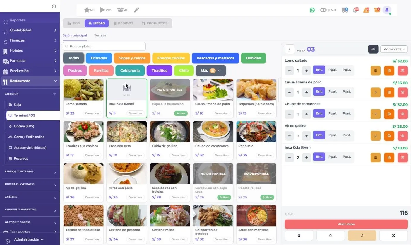Captura del módulo de restaurante: toma de pedido de una mesa con la carta en fotos y el detalle del pedido (datos de demostración)