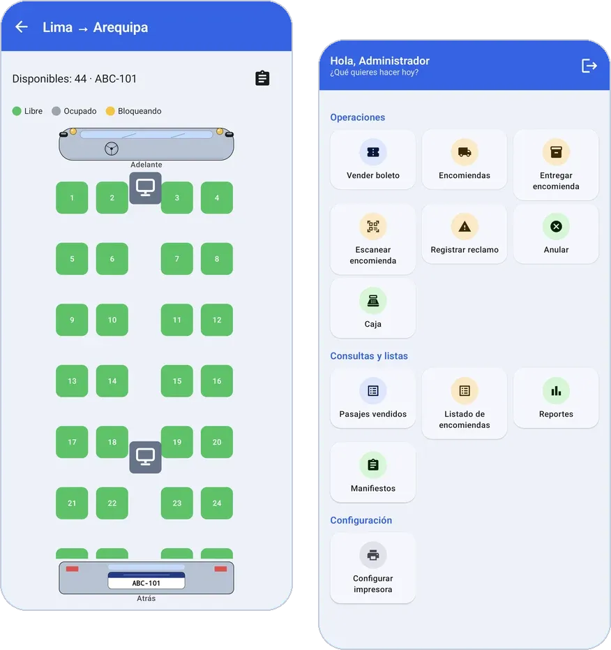 Capturas de la app para transporte: mapa de asientos de un bus y menú de operaciones (datos de demostración)