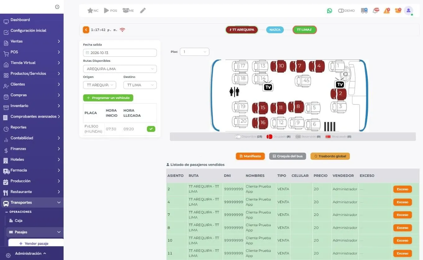 Captura del módulo de transporte: venta de pasajes con el croquis de asientos del bus, asientos ocupados y la lista de pasajeros (datos de demostración)